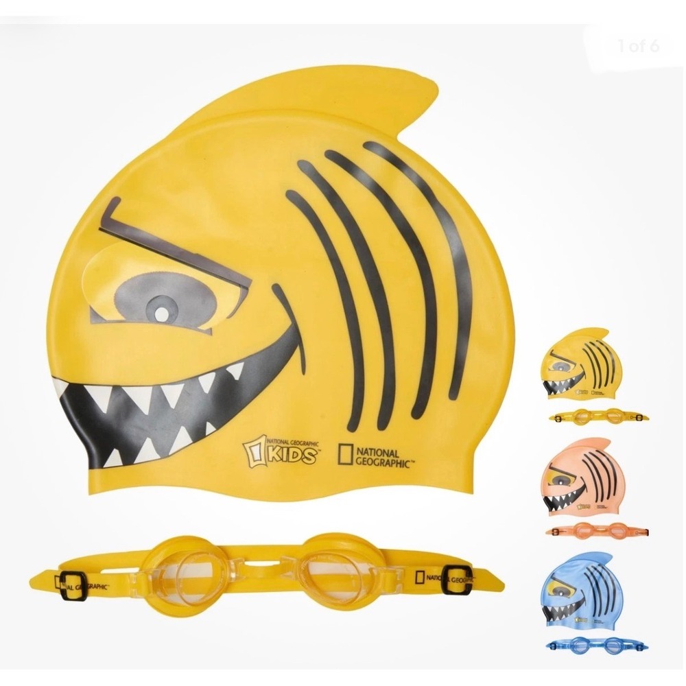 NEW National Geographic Kids Shark Swim Cap and Goggles Set Yellow‎ Fish Lids